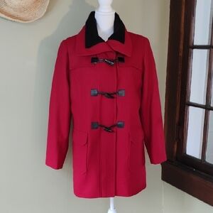 Coldwater Creek Red Pea Coat with Black Toggles